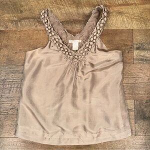 Gold Hawk 100% Silk Elegant Creamy Light Brown Sleeveless Pom-Pom V-Neck Blouse